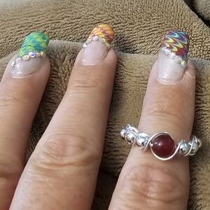 Sterling Silver Beaded Ring with Red Jade Gemstone